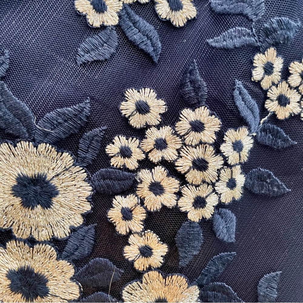 Tahari Elegant Sleeveless Dress with White Floral Embroidery over Deep Blue - Picture 14 of 14